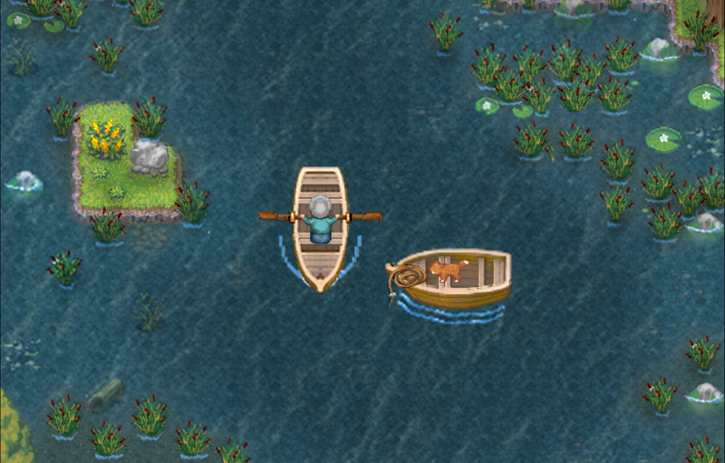 player on one boat approaches cat in another