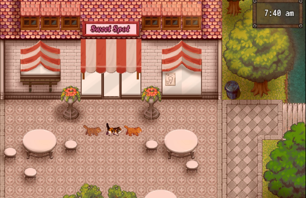 three cats run through town