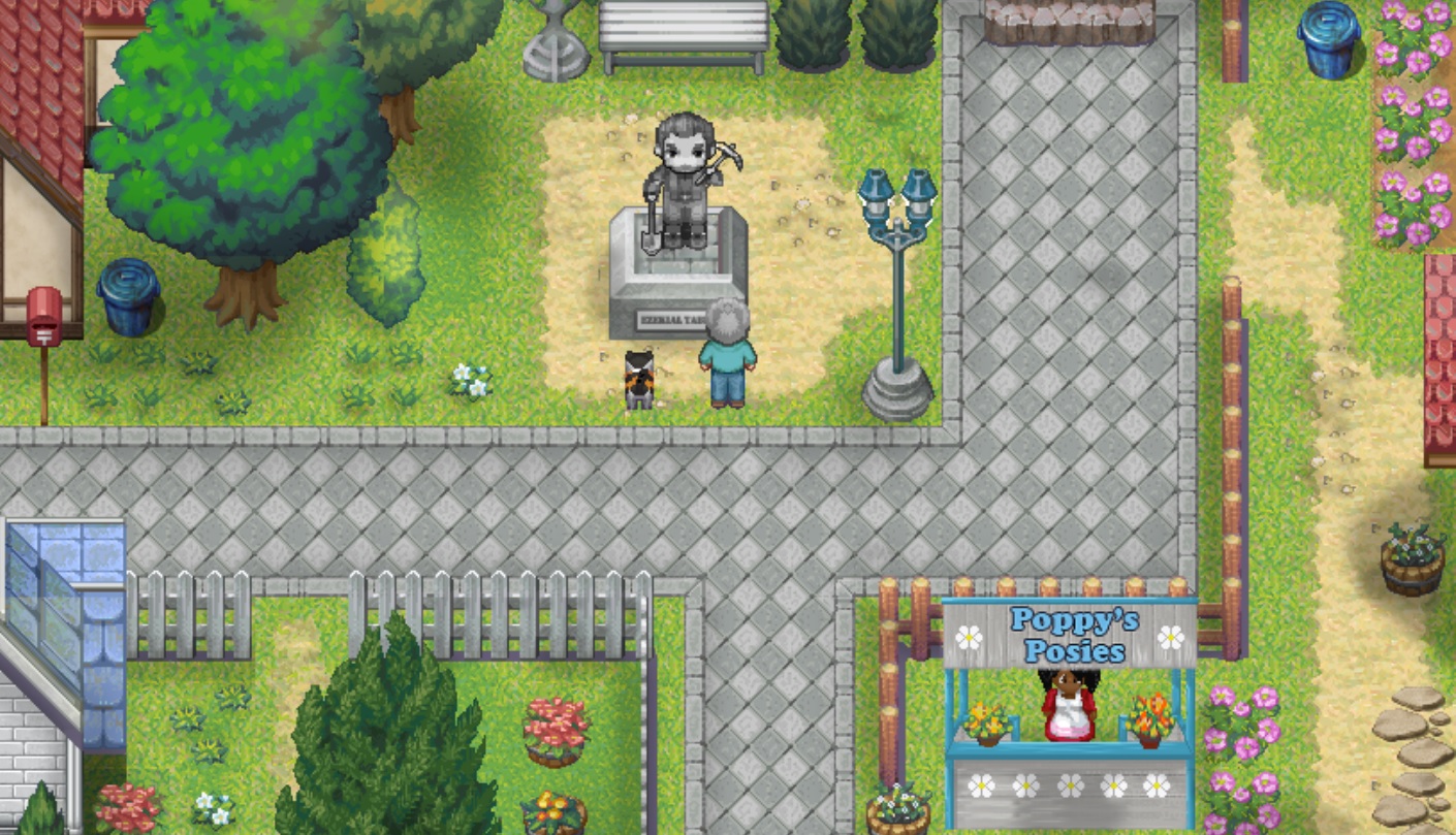 player and a cat stand before a statue