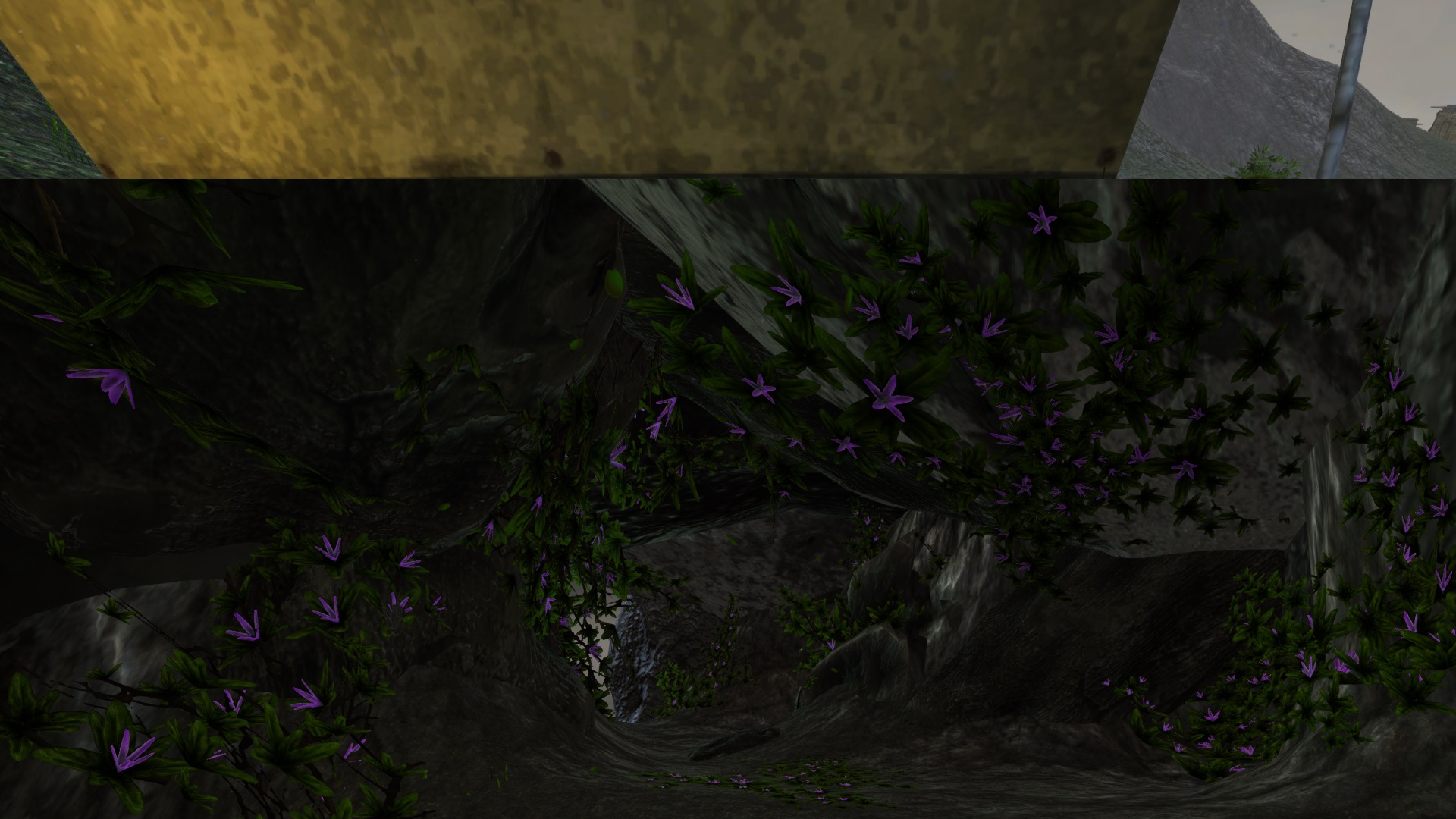 a cave with flowers
